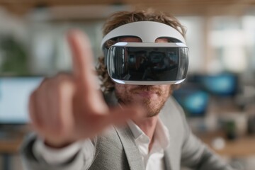 Man wearing a virtual reality headset extending hand, exploring an immersive digital experience