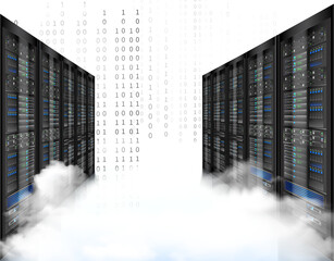 Multiple server racks shrouded in clouds with streams of binary code, symbolizing cloud data storage and network infrastructure, isolated on transparent background.