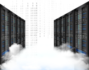 Multiple server racks shrouded in clouds with streams of binary code, symbolizing cloud data storage and network infrastructure, isolated on transparent background.