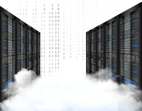 Multiple server racks shrouded in clouds with streams of binary code, symbolizing cloud data storage and network infrastructure, isolated on transparent background. - Powered by Adobe