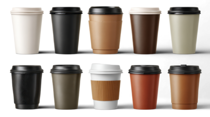 Set of realistic paper and plastic coffee cups in different colors