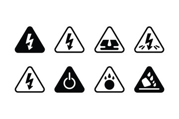 Set of Eight Black Triangular Electrical Hazard and Danger Warning Signs Icons