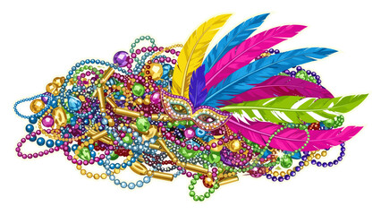 Vibrant Mardi Gras Mask and Beads Pile, Festive Celebration Element isolated on transparent background. Carnival Party Invitation Design, Louisiana Tradition Symbol.
