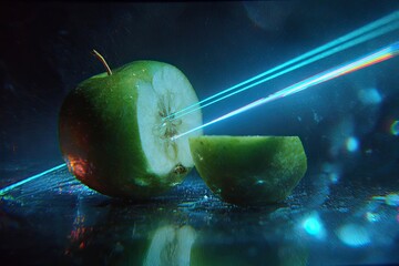 A halved green fruit with radiant light rays in a dark, textured setting