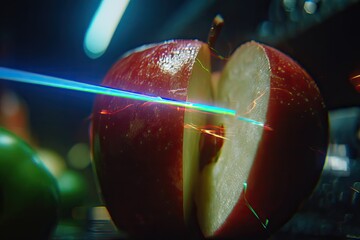 A vibrant red apple is sliced, with light refractions adding colorful streaks