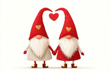 Two whimsical gnomes in red hats holding hands, surrounded by a heart shape, embodying love and togetherness in a playful, festive illustration for seasonal celebrations