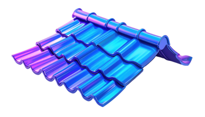 A vibrant, stylized 3D rendered roof tile section, showcasing a layered, glossy, and iridescent color gradient with intricate design