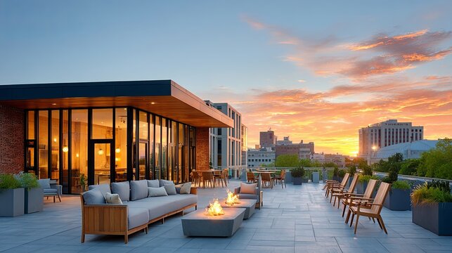 A corporate rooftop terrace at sunset, empty of people. Modern outdoor furniture is arranged around a fire pit, with a breathtaking cityscape serving as the backdrop.