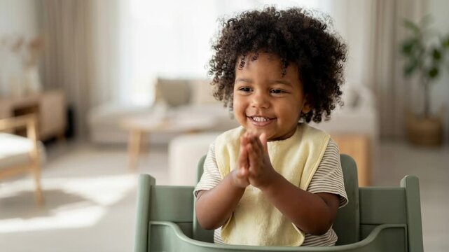joyful toddler clapping hands in high chair at home, happy child with curly hair wearing bib in bright cozy living room