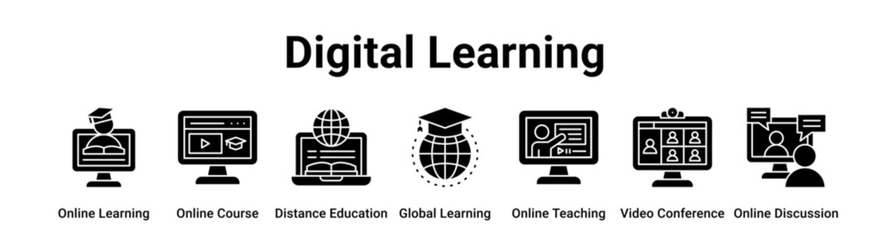 Digital Learning web banner icon vector illustration concept for education with icon of Online Learning, Online Course, Distance Education, Global Learning, Online Teaching, Video Conference.