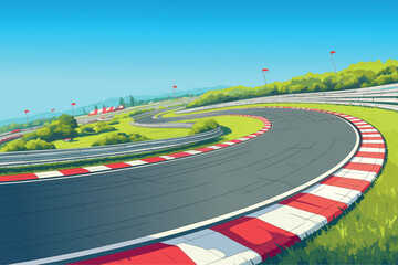 Naklejka premium Cartoon empty racing track on a clear sunny day, flags and mountains on the background, sports competition, asphalt road, racing, sport, vector illustration