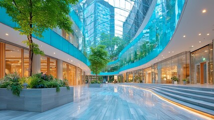 Fototapeta premium An architectural shot of an empty corporate atrium with a grand staircase.