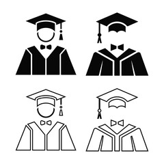 Graduation Student Icon Set Academic Cap and Gown Vector Illustrations