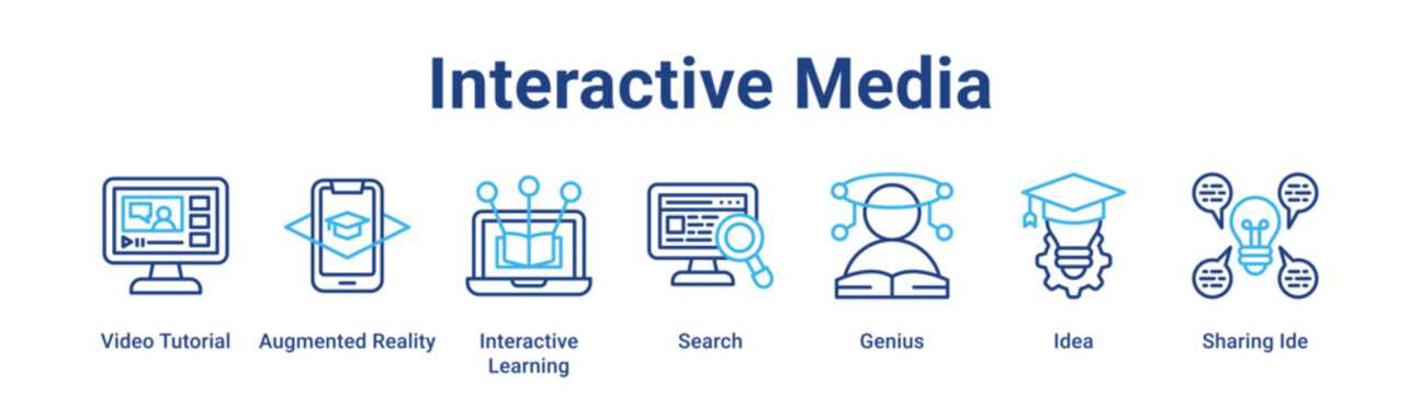 Interactive Media web banner icon vector illustration concept for education with icon of Video Tutorial, Augmented Reality, Interactive Learning, Search, Genius, Idea.