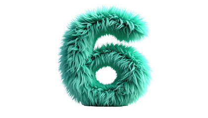 Digit '6' formed from soft, teal fur, with fluffy textures and a rounded design, set against a transparent background
