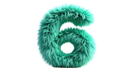 Digit '6' formed from soft, teal fur, with fluffy textures and a rounded design, set against a transparent background
