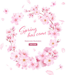 春の花：桜の水彩イラストで構成した縦楕円形装飾フレーム。花びらの背景。（ベクター）
