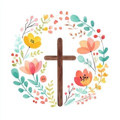 Floral Cross Wreath Watercolor Illustration, Christian Easter Symbol