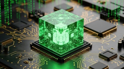 Illuminated Digital Cube Blockchain Concept on Circuitry