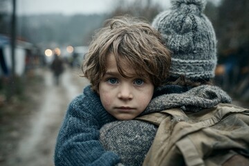 Boy clinging to an adult in a refugee camp, facing displacement and suffering
