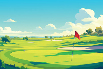 Naklejka premium Cartoon sunny day on a golf course with hills, trees and mountains on the horizon, sport, red flag, golf ball, vector illustration