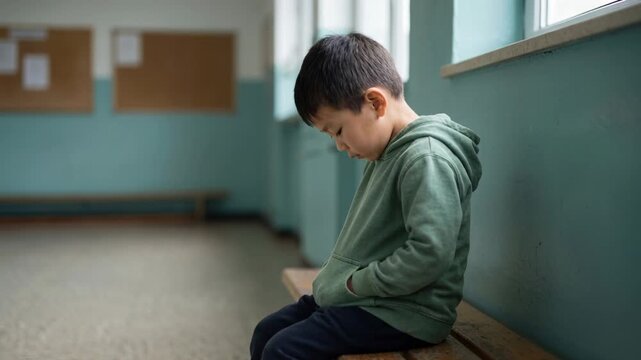 Lonely young boy sitting alone on wooden bench in empty school hallway looking thoughtful with hands in pockets