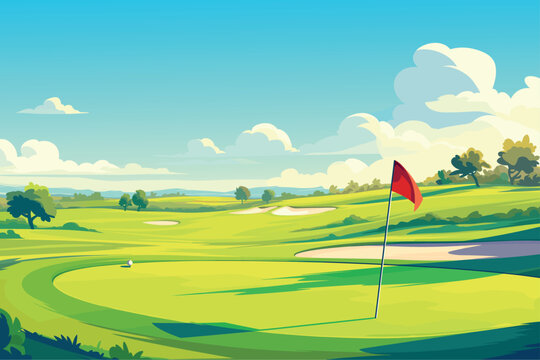 Cartoon sunny day on a golf course with hills, trees and mountains on the horizon, sport, red flag, golf ball, vector illustration