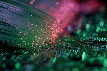 Close-up of optical fibers radiating, intertwined with an electronic circuit board, colorful