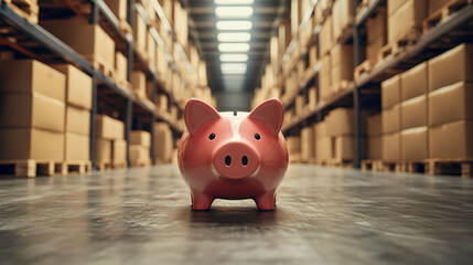 There is a pink ceramic piggy bank on the warehouse floor. Profit, cost reduction, financial efficiency, and resource conservation in business and logistics.