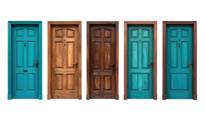 Five doors of varied colors and wood finishes stand side by side against a black background, inviting visual exploration of design