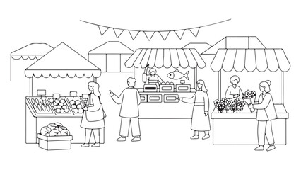 Obraz premium Line Art Illustration of Outdoor Market Scene with Stalls and People