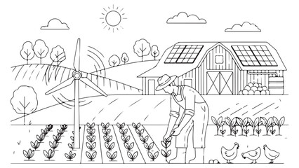 Obraz premium Line Art Farm Scene with Wind Turbine and Solar Panels