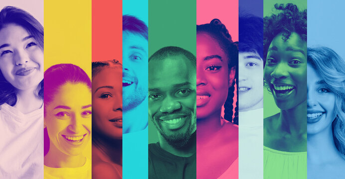 Colorful collage of smiling multiethnic people in vertical panels. Concept of diversity and inclusion for corporate websites, HR presentations, employer branding and marketing banners.