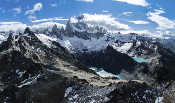 Aerial View, Epic Panorama, Large Glaciers, Lago de los Tres Laguna Sucia Glacier Lakes, Mountains and Peaks of Monte Fitz Roy, Mount Fitz Roy, Cerro Chalten, Los Glaciares National Park, Patagonia, Santa Cruz Province, Argentina