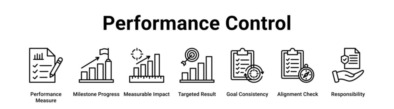 Performance Control web banner icon vector illustration concept for business with icon of Performance Measure, Milestone Progress, Measurable Impact, Targeted Result, Goal Consistency, Alignment.