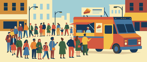 Obraz premium Long line of diverse people waiting to order from a popular food truck selling pie on a bustling city street with buildings in the background, a flat vector illustration