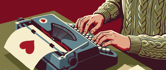 Person's hands typing on a vintage typewriter, creating a romantic love letter with a red heart symbol in a cozy, retro illustration style on a colorful background