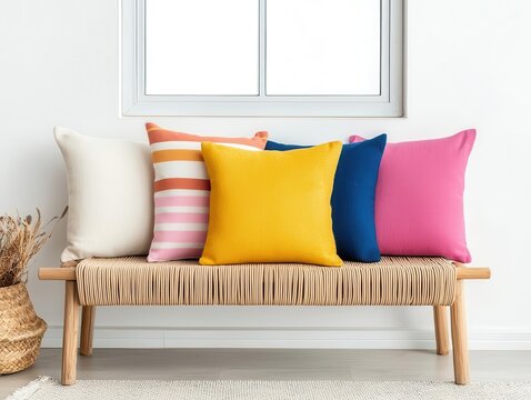 Bamboo bench with woven seat, styled with colorful throw pillows, placed near a glass window, modern cozy decor style