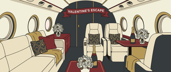 Illustrated interior of a luxurious private jet decorated for a romantic escape, featuring plush seats, champagne bottles, and bouquets of white roses for a special occasion