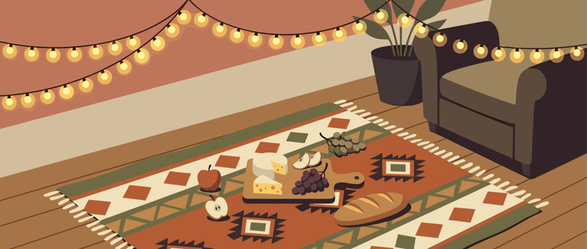 Cozy indoor picnic scene illustration with a cheese board, fruit, and bread on a patterned rug in a warm living room with an armchair and glowing string lights