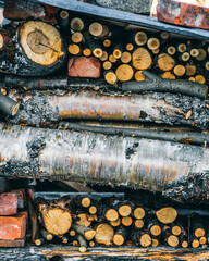 Stack of birch firewood, pile of timber