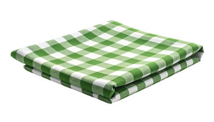 A neatly folded green and white checkered cloth, likely a picnic tablecloth, on a black backdrop