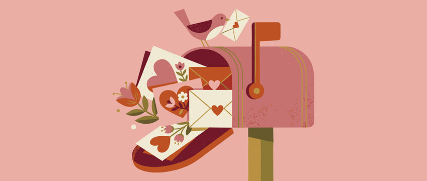 Charming pink mailbox illustration overflowing with romantic love letters, Valentine's cards, and flowers, with a small bird delivering a message of affection on a pink background