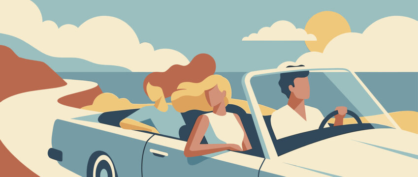 Three young friends in a blue convertible driving along a scenic coastal road on a sunny summer day, minimalist flat illustration style with a retro color palette