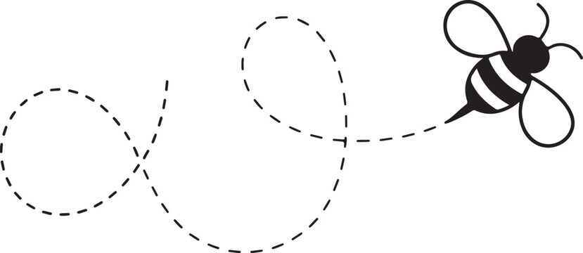 A simple black and white illustration of a bee in flight with a dotted trail