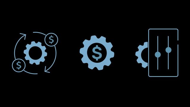 Money with gear. Currency exchange trend. Business modeling icon line and equalizer filter icons. 2D animation video clip in 4K with alpha channel 