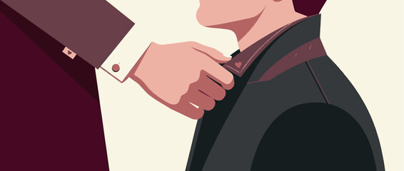 Close-up illustration of a hand adjusting a formal jacket collar with heart details, a tender scene representing care, support, love, and mentorship in a minimalist style