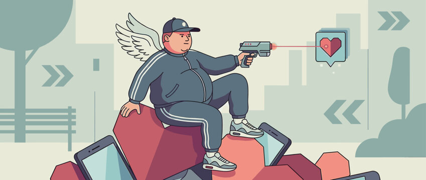 Modern cupid character with angel wings and a tracksuit shoots a laser gun at a like icon, sitting on smartphones in a satirical vector illustration about digital love