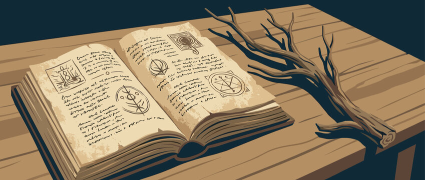 Ancient open grimoire with magical runes and occult symbols rests on a rustic wooden desk beside a dry tree branch in a mysterious fantasy setting