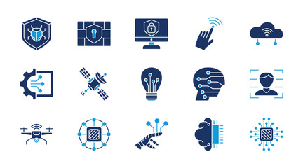 Technology AI thin line icon set. Containing antivirus, firewall, computer security, remote, cloud save